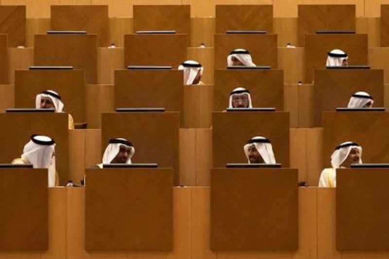 October 21, 2010, Abu Dhabi, UAE:

Sheikh Mohammed bin Rashid Al Maktoum delivered a speech today at the opening of the Federal National Council. 

Members of the FNC during a debate. 

Lee Hoagland/ The National
 
