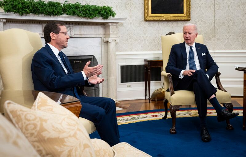 US President Joe Biden meets with Israeli President Isaac Herzog in the Oval Office at the White House in Washington. EPA