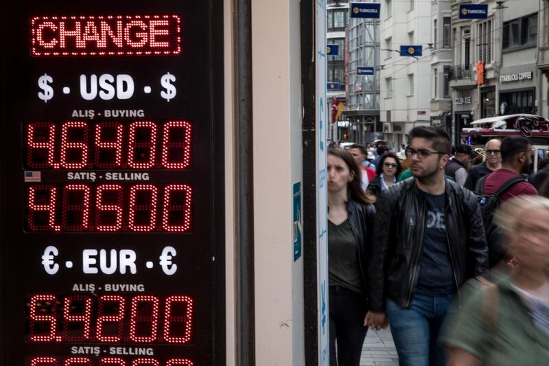 ISTANBUL, TURKEY - MAY 25:  People walk past a currency exchange office showing the rates for USD and Euros against the Turkish Lira on Istanbul's famous Istiklal shopping street on May 25, 2018 in Istanbul, Turkey. Fears are growing that Turkey's economy is heading into crisis as the Lira continues to plunge.The lira has lost more than 20% of it's value against the dollar since the start of the year.  (Photo by Chris McGrath/Getty Images)