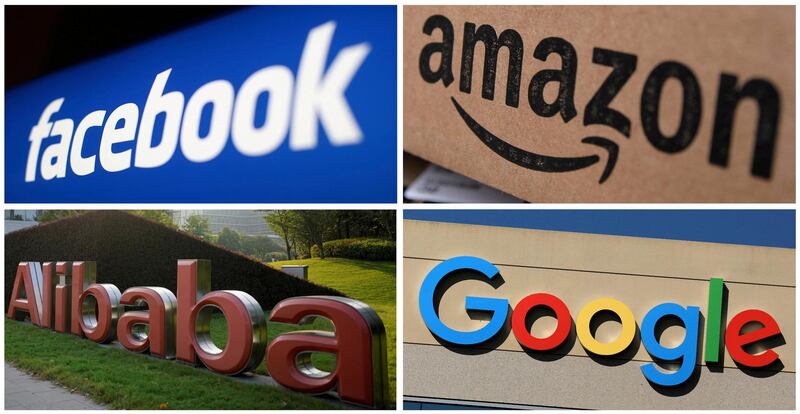 FILE PHOTO: Facebook, Amazon, Alibaba and Google logos are seen in this combination photo from Reuters files.   REUTERS/File Photos