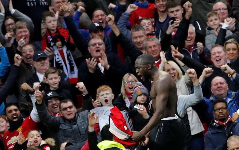 Soccer Football - Premier League - Manchester United v Southampton - Old Trafford, Manchester, Britain - March 2, 2019  Manchester United's Romelu Lukaku celebrates scoring their third goal                        REUTERS/Phil Noble  EDITORIAL USE ONLY. No use with unauthorized audio, video, data, fixture lists, club/league logos or "live" services. Online in-match use limited to 75 images, no video emulation. No use in betting, games or single club/league/player publications.  Please contact your account representative for further details.