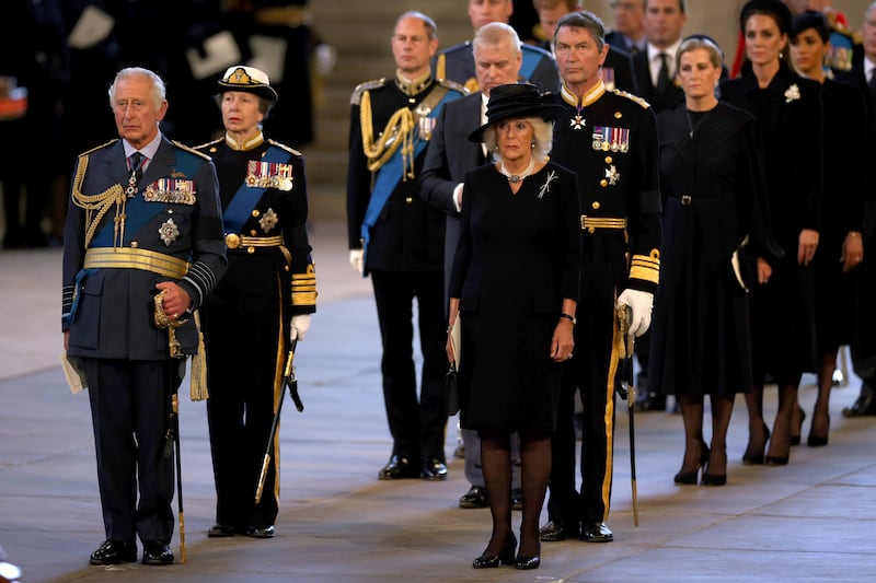 King Charles and the queen consort at the Palace of Westminster for the lying-in state of the late Queen Elizabeth II in September 2022. Getty Images