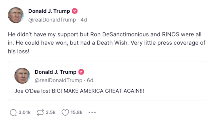 Mr Trump attacks Florida Governor Ron DeSantis, who may be well positioned to duel the former president in the 2024 White House race. Photo: Screengrab from Truth Social