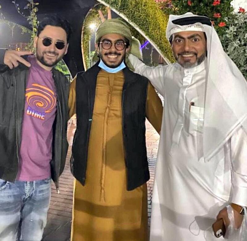 Emirati student Mansoor Al Marzooqi (centre) with his father Mohamed Al Marzooqi and Dimitri Assuline in Dubai. 