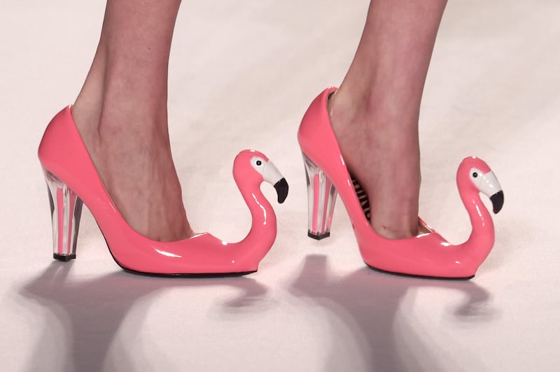 Flamingo shoes from Italian label Moschino's Spring/Summer 2023 collection on show at Milan Fashion Week from September 20 to 26. EPA