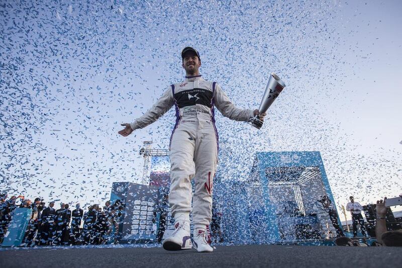 Sam Bird of DS Virgin Racing walks on to the podium after finishing second in the  Marrakesh ePrix — the second round of the Formula E world championship. Sebastien Buemi of Switzerland won the race in his Renault. LAT Photographic / Formula E via Getty Images