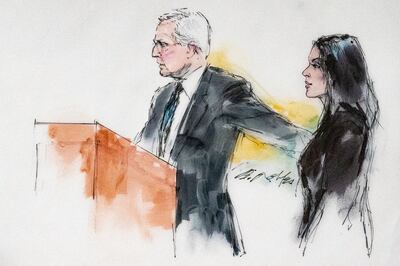 In this courtroom artist sketch, attorney Michael Rhodes and Kim Kardashian appear in court in Los Angeles, Tuesday, April, 19, 2022. Bill Robles via AP
