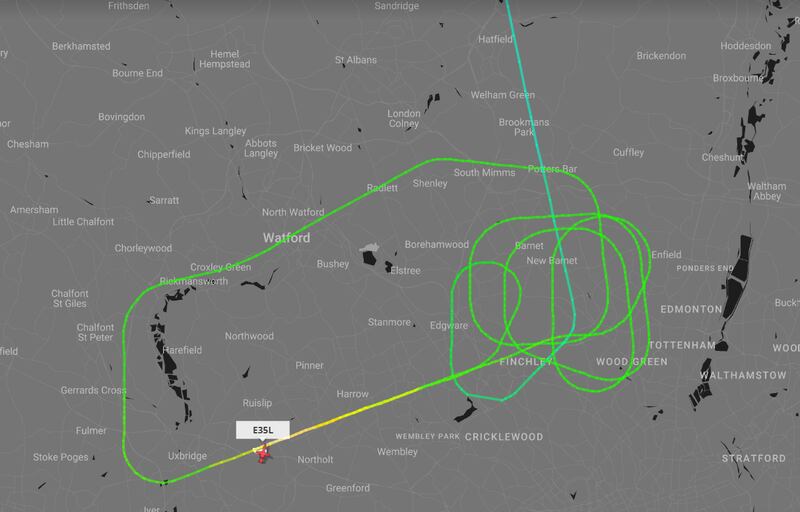 The flight path of the queen's plane which was forced to abort one landing attempt in London. PA