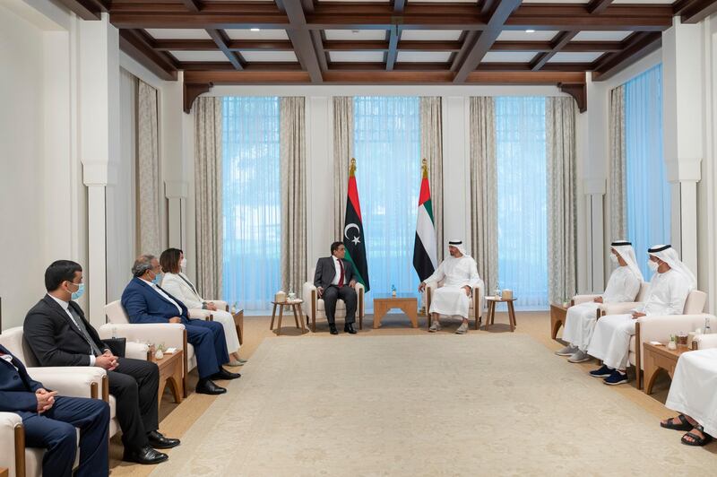 ABU DHABI, UNITED ARAB EMIRATES - June 05, 2021: HH Sheikh Mohamed bin Zayed Al Nahyan, Crown Prince of Abu Dhabi and Deputy Supreme Commander of the UAE Armed Forces (3rd R) meets with HE Dr Mohamed Younis Al Manfi, President of the Presidential Council of Libya (4th R), at Al Shati Palace. Seen with HE Ali Mohamed Hammad Al Shamsi, Deputy Secretary-General of the UAE Supreme National Security Council (R) and HH Sheikh Hamdan bin Mohamed bin Zayed Al Nahyan (2nd R).

( Mohamed Al Hammadi / Ministry of Presidential Affairs )
---