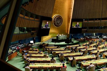 Volkan Bozkir, president of the seventy-fifth session of the United Nations General Assembly, chairs the first plenary meeting. UN Photo