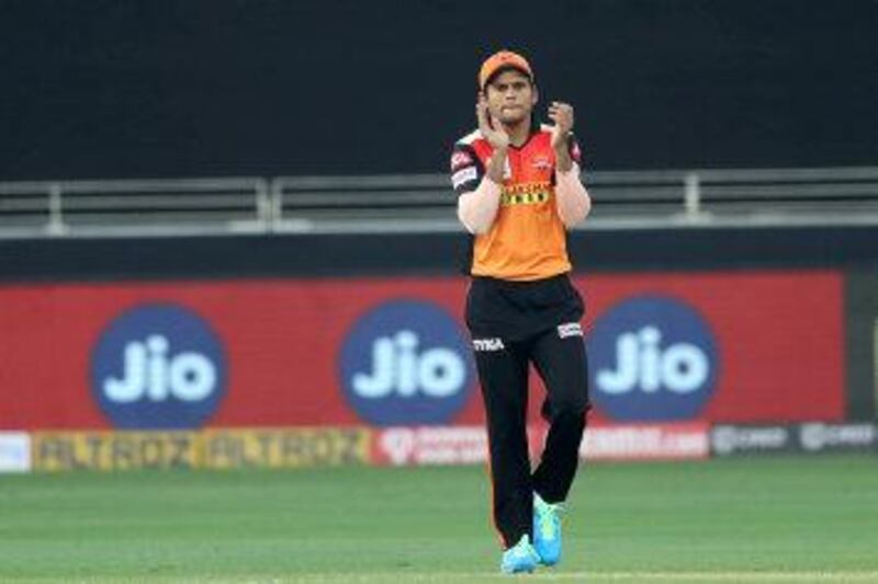 Priyam Garg of Sunrisers Hyderabadduring match 3 of season 13 of the Dream 11 Indian Premier League (IPL) between Sunrisers Hyderabad and Royal Challengers Bangalore held at the Dubai International Cricket Stadium, Dubai in the United Arab Emirates on the 21st September 2020.  Photo by: Ron Gaunt  / Sportzpics for BCCI