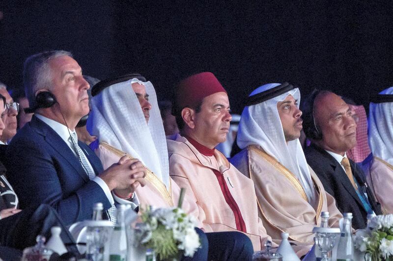 ABU DHABI, UNITED ARAB EMIRATES - January 14, 2019: HH Lt General Sheikh Saif bin Zayed Al Nahyan, UAE Deputy Prime Minister and Minister of Interior (2nd L), HRH Moulay Rachid Prince of Morocco (3rd L), HH Sheikh Mansour bin Zayed Al Nahyan, UAE Deputy Prime Minister and Minister of Presidential Affairs (4th L) and other dignitaries attend the opening ceremony of the World Future Energy Summit 2019, part of Abu Dhabi Sustainability Week, at Abu Dhabi National Exhibition Centre (ADNEC).



( Rashed Al Mansoori / Ministry of Presidential Affairs )
---