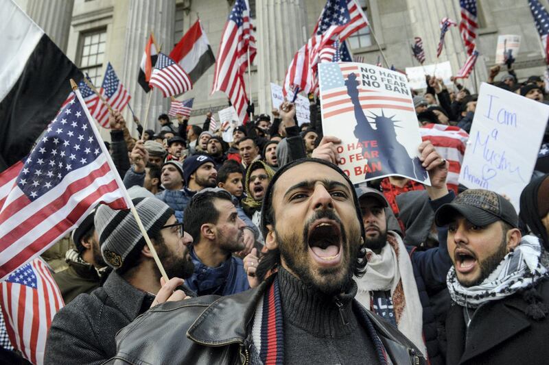 People participate in a Yemeni protest against President Donald Trump's travel ban in the Brooklyn borough of New York City, U.S. February 2, 2017. REUTERS/Stephanie Keith