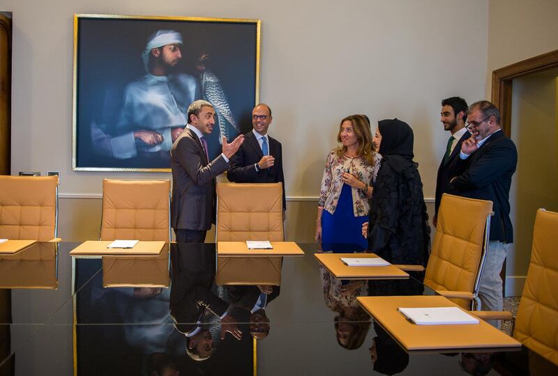 Sheikh Abdullah bin Zayed, Minister of Foreign Affairs and International Cooperation, tours the UAE Embassy headquarters in Rome along with his Italian counterpart, Angelino Alfano, on Friday. Wam