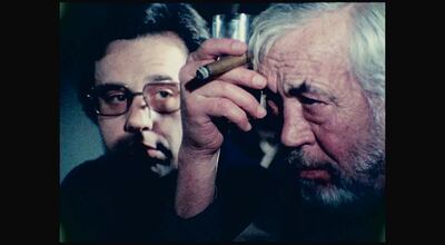 Peter Bogdanovich, John Huston in Orson Wells' "The Other Side Of The Wind". Courtesy Netflix