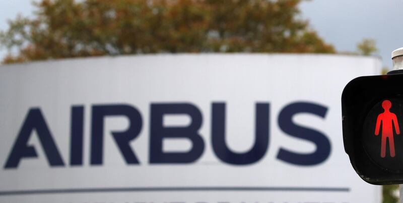 The logo of Airbus is pictured at the entrance of the Airbus facility in Bouguenais, near Nantes, France April 27, 2020. REUTERS/Stephane Mahe