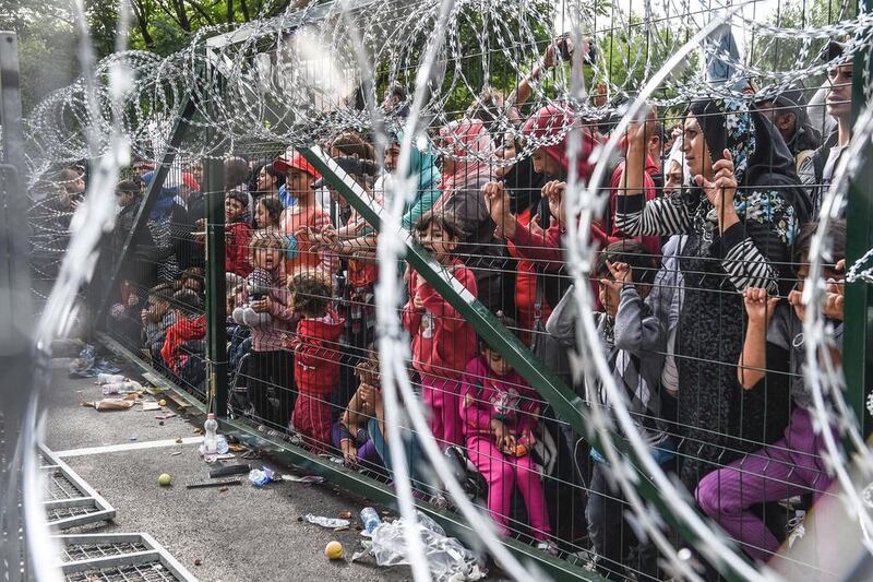 Refugees behind a fence at the Hungarian border with Serbia near the town of Horgos  hoping to enter the European Union on September 16, 2015. Armend Nimani / AFP 

