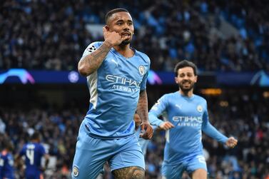 Manchester City's Gabriel Jesus (L) reacts after scoring against Real Madrid for the 2-0 lead during the UEFA Champions League semi final, first leg soccer match between Manchester City and Real Madrid in Manchester, Britain, 26 April 2022.   EPA / PETER POWELL