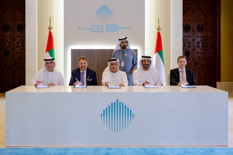 Sheikh Mohammed witnesses the signing of the agreement between Dubai RTA and Joby Aviation. Dubai Media Office