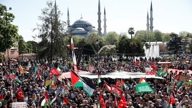 Demonstrators gather at Sultanahmet Square in Istanbul last week during a protest march in solidarity with Palestinians. Reuters
