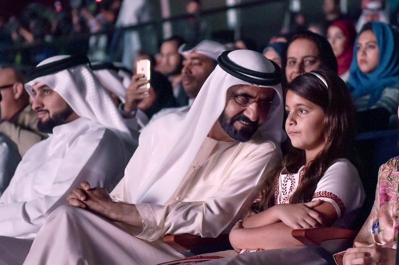 Sheikh Mohammed bin Rashid attends the opening of the play Al Faris. Photo by WAM