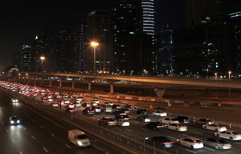 Close-moving traffic on Sheikh Zayed Road close to Jumeirah Lake Towers in Dubai.  Jeffrey E Biteng / The National