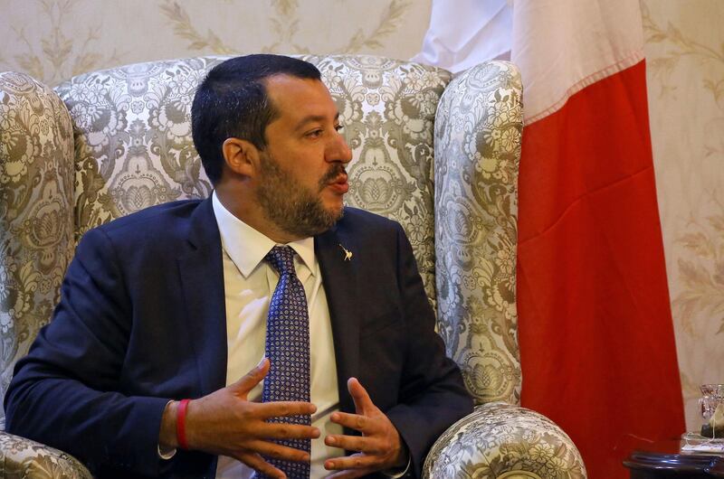 Italy's far-right Interior Minister Matteo Salvini attends a meeting to discuss the migrants' crisis in Tripoli on June 25, 2018. Italy's far-right Interior Minister Matteo Salvini left Monday for talks in Libya on the migrant crisis, he said on Twitter. / AFP / Mahmud TURKIA
