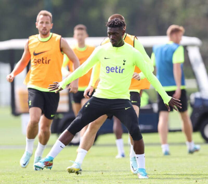 Yves Bissouma of Tottenham Hotspur takes part in a training session at Tottenham Hotspur Training Centre on August 18, 2022 in Enfield, England. Getty Images