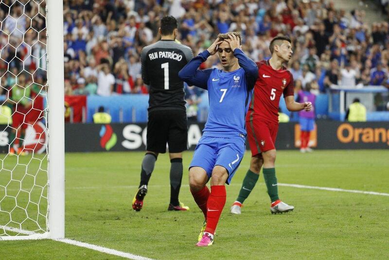 France’s Antoine Griezmann reacts after a missed chance during the Uefa Euro 2016 Final at the Stade de France, 10 July 2016. Darren Staples / Reuters