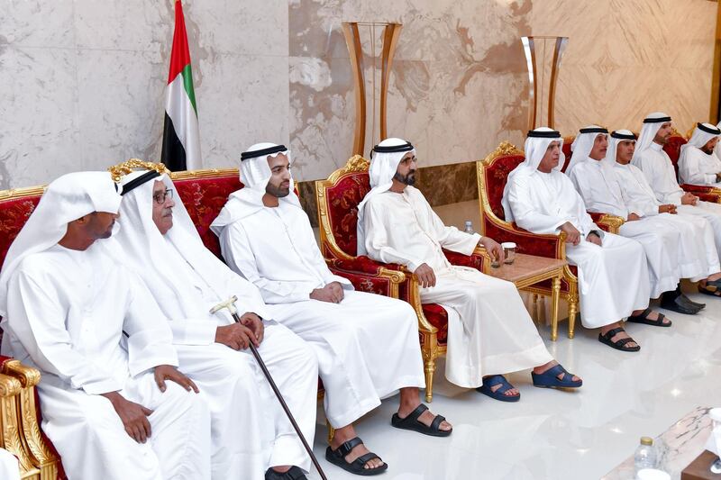His Highness Sheikh Mohammed bin Rashid Al Maktoum, the Vice President, Prime Minister of UAE and Ruler of Dubai, has offered condolences to Member of the Federal Supreme Council and Ruler of Ras Al Khaimah His Highness Sheikh Saud bin Saqr Al Qasimi on the death of his uncle Sheikh Hamad bin Mohammed Al Qasimi. Courtesy Dubai Media Office / Wam