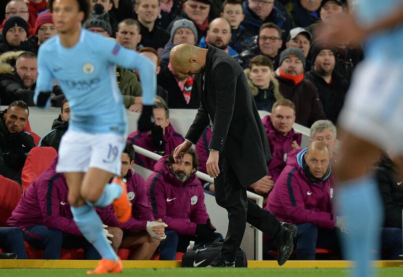 epa06646130 Pep Guardiola manager of Manchester City  reacts during the UEFA Champions League quarter final first leg match between Liverpool FC and Manchester City FC at Anfield Road, Liverpool, Britain, 04 April 2018.  EPA/PETER POWELL