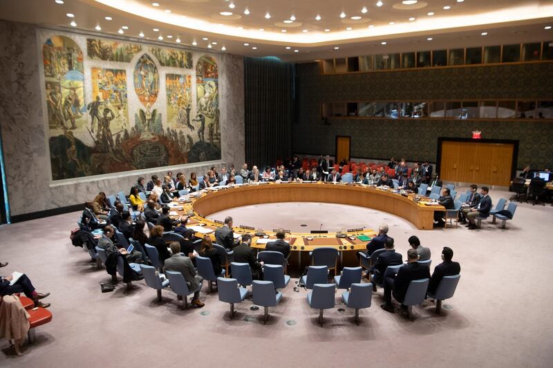epa07468135 A handout photo made available by the United Nations (UN) shows a wide view of the Security Council meeting on the situation in the Middle East (Syria), in New York, New York, USA, 27 March 2019 (issued 28 March 2019). The Security Council met on 27 March at the request of Syria following the US decision to recognize Israel's sovereignty over the Golan Heights in violation of international law.  EPA/UN PHOTO/ESKINDER DEBEBE HANDOUT  HANDOUT EDITORIAL USE ONLY/NO SALES