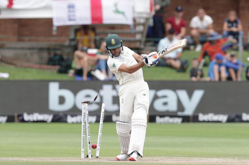 South Africa's Keshav Maharaj is bowled by Stuart Broad. AFP