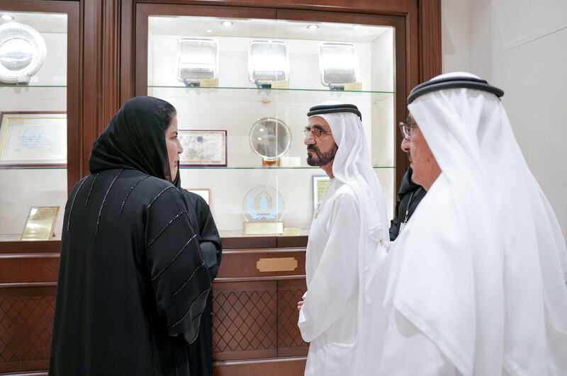 Vice President, Prime Minister of the UAE and Ruler of Dubai, Sheikh Mohammed bin Rashid, visited today the headquarters of the General Women���s Union, GWU, and attended the launch of national initiatives honouring and documenting the achievements of Emirati women.
Sheikh Mohammed bin Rashid was accompanied by Sheikh Hamdan bin Rashid Al Maktoum, Deputy Ruler of Dubai and Minister of Finance; Lt. General Sheikh Saif bin Zayed Al Nahyan, Deputy Prime Minister and Minister of the Interior; Sheikh Mansour bin Zayed Al Nahyan, Deputy Prime Minister and Minister of Presidential Affairs; and Sheikh Nahyan bin Mubarak Al Nahyan, Minister of Tolerance, and several ministers. Dubai Media Office / Wam