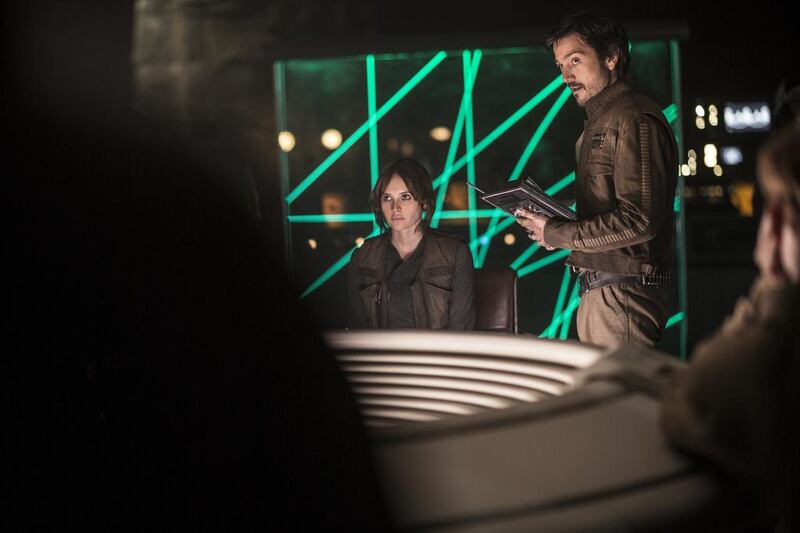 Felicity Jones as Jyn Erso and Diego Luna as Cassian Andor on the set of Rogue One: A Star Wars Story. Jonathan Olley / Lucasfilm