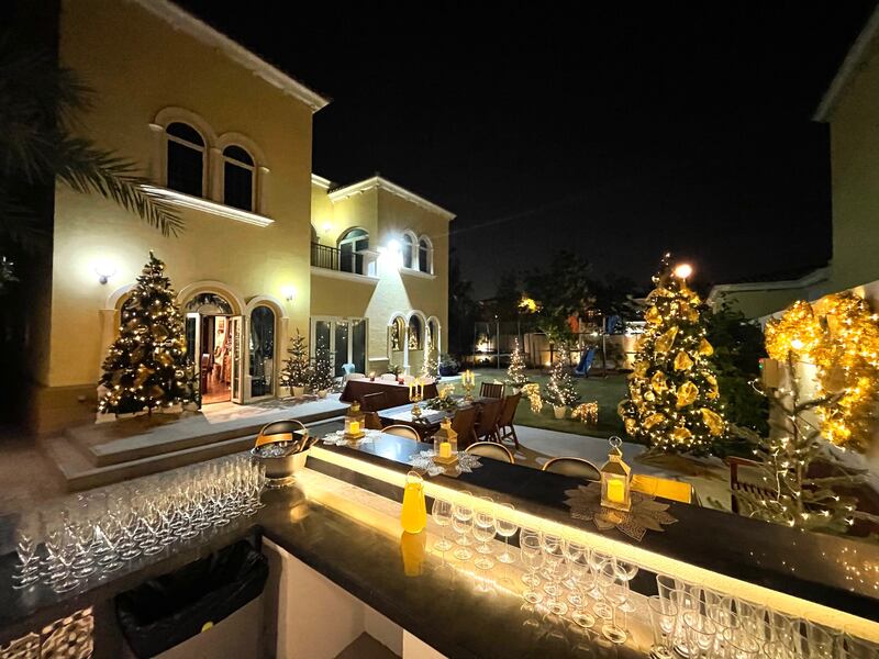 Gregory's backyard Christmas decor features a gold theme. Photo: Lucy Gregory