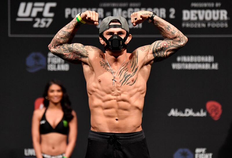 ABU DHABI, UNITED ARAB EMIRATES - JANUARY 22: Dustin Poirier poses on the scale during the UFC 257 weigh-in at Etihad Arena on UFC Fight Island on January 22, 2021 in Abu Dhabi, United Arab Emirates. (Photo by Jeff Bottari/Zuffa LLC) *** Local Caption *** ABU DHABI, UNITED ARAB EMIRATES - JANUARY 22: Dustin Poirier poses on the scale during the UFC 257 weigh-in at Etihad Arena on UFC Fight Island on January 22, 2021 in Abu Dhabi, United Arab Emirates. (Photo by Jeff Bottari/Zuffa LLC)