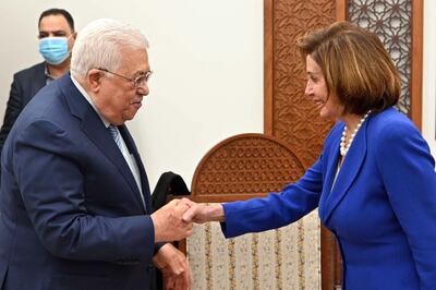 Palestinian President Mahmud Abbas welcomes Speaker of the US House of Representatives Nancy Pelosi in Ramallah last week. AFP