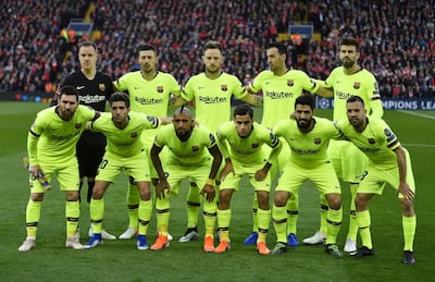 epa07554434 Barcelona's starting eleven poses before the UEFA Champions League semi final second leg soccer match between Liverpool FC and FC Barcelona at Anfield, Liverpool, Britain, 07 May 2019.  EPA/NEIL HALL