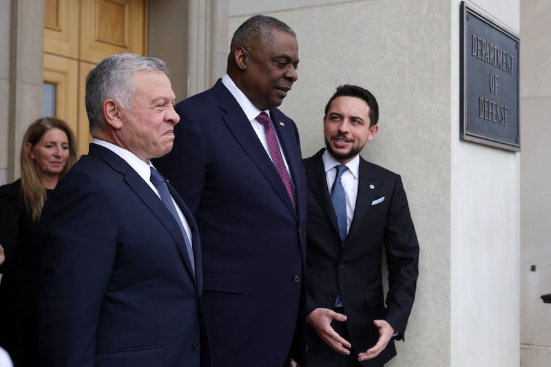 Mr Austin welcomes King Abdullah and Crown Prince Hussein to the Pentagon. Getty Images / AFP
