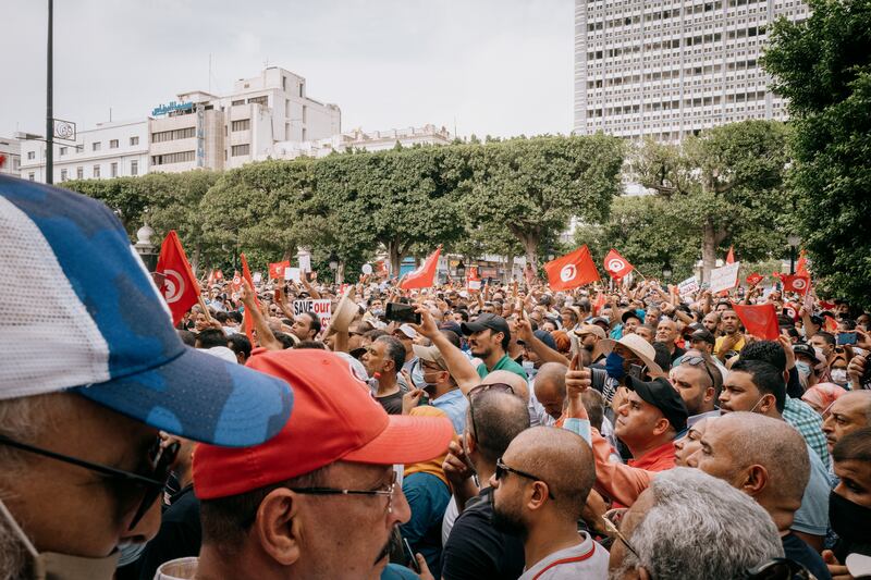 Thousands gather on Avenue Habib Bourguiba to protest against President Saied's consolidation of power.