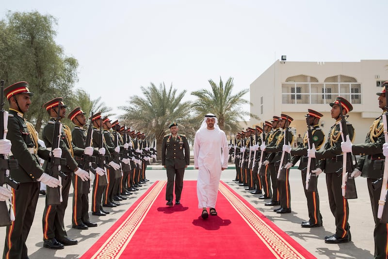 AL AIN, ABU DHABI, UNITED ARAB EMIRATES - October 06, 2016: HH Sheikh Mohamed bin Zayed Al Nahyan Crown Prince of Abu Dhabi Deputy Supreme Commander of the UAE Armed Forces (center R), arrives at the unification ceremony of Zayed the Second Military College. 
( Ryan Carter / Crown Prince Court - Abu Dhabi )
--- *** Local Caption ***  20161006RC_C163340.jpg