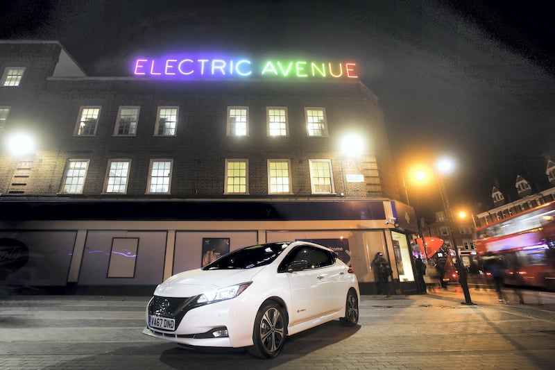 LONDON, ENGLAND - JANUARY 31:   Today (2nd Feb), the new Nissan LEAF marked its official UK 'on sale' date, parked at the crossroads of London's first electrified street and one of its most polluted, Electric Avenue and Brixton Road in Lambeth shot on January 31, 2018 in London, England. (Photo by Charlie Crowhurst/Getty Images for Nissan)