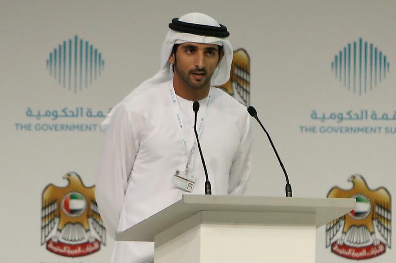 Sheikh Hamdan bin Mohammed, Crown Prince of Dubai, speaks at the Government Summit in Dubai. He has reached 2 million followers on Twitter. Pawan Singh / The National