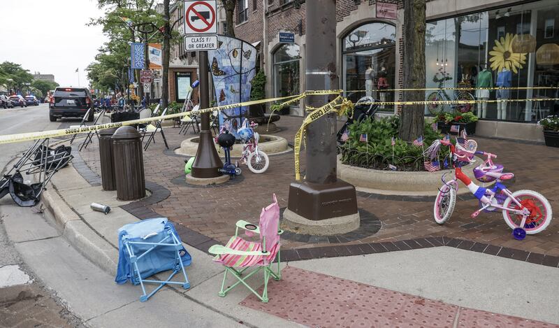 Chairs and bicycles lie abandoned after a mass shooting at a 4th of July celebration in Illinois, US. EPA