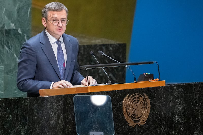 Ukrainian Foreign Minister Dmytro Kuleba addresses the UN General Assembly in New York. AP