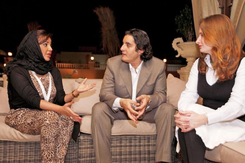 Shereen Al Nowais, left, founder and chief executive of Ta’leem Centre, with Youssef Sabri and Rebecca Hawkswell during the workshop hosted by the centre in Abu Dhabi. Christopher Pike / The National