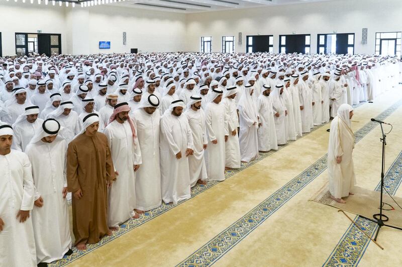 Members of the UAE's royal families perform funeral prayers for Sheikh Sultan at Sheikh Sultan bin Zayed The First Mosque in Al Bateen. Wam