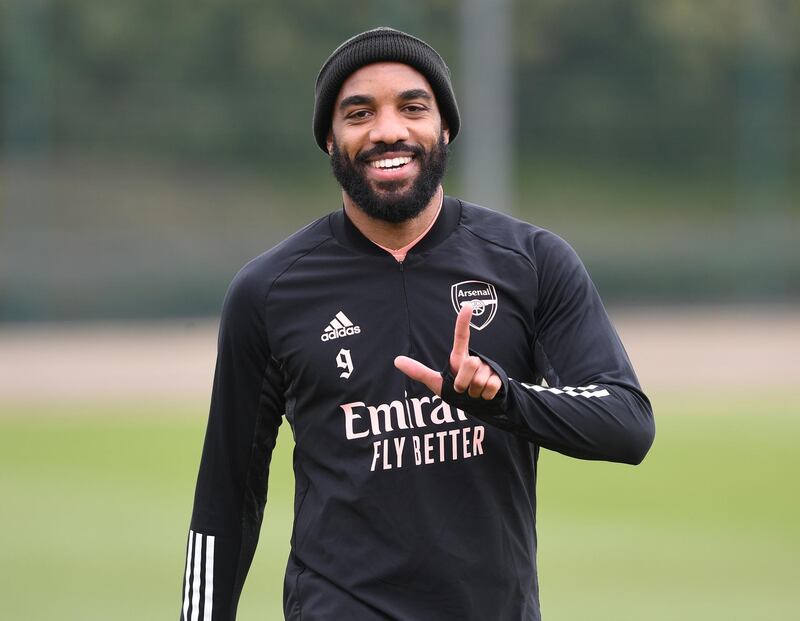 ST ALBANS, ENGLAND - APRIL 28: Alex Lacazette of Arsenal during a training session at London Colney on April 28, 2021 in St Albans, England. (Photo by Stuart MacFarlane/Arsenal FC via Getty Images)