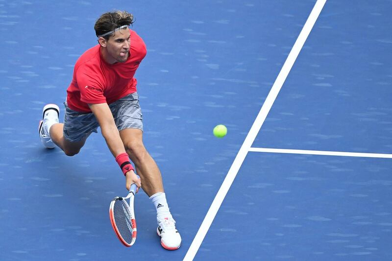 Dominic Thiem hits a volley against Sumit Nagal of India in the second round of the US Open. Reuters